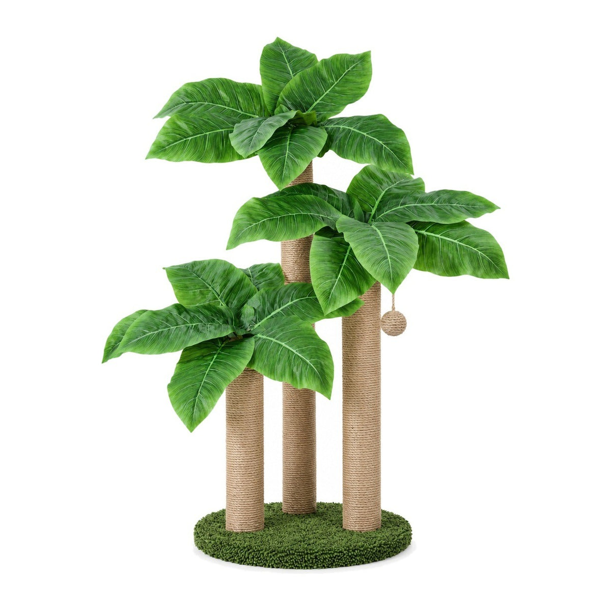 Cat scratching post with three sisal poles and faux canna leaves on a white background