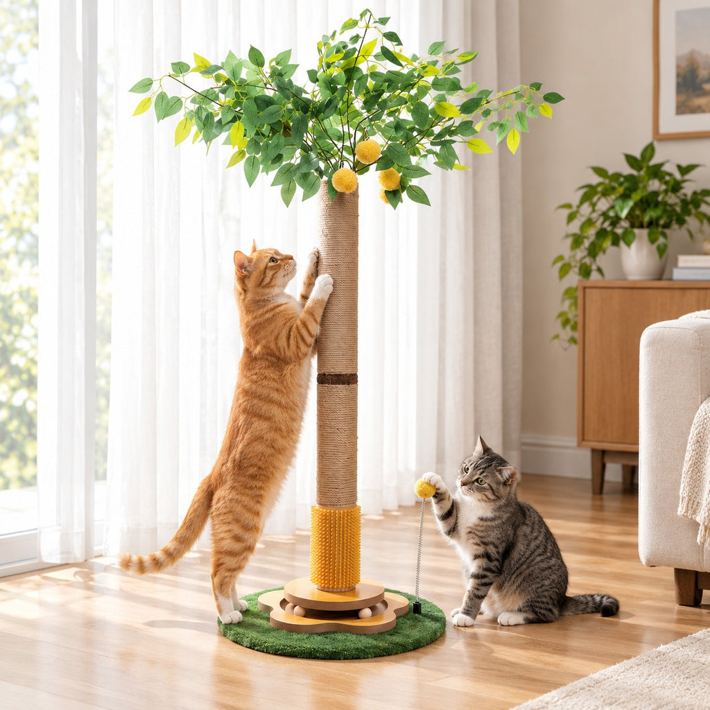 Cat stretching up to scratch a 41 in sisal scratching post while a second cat bats the spring ball