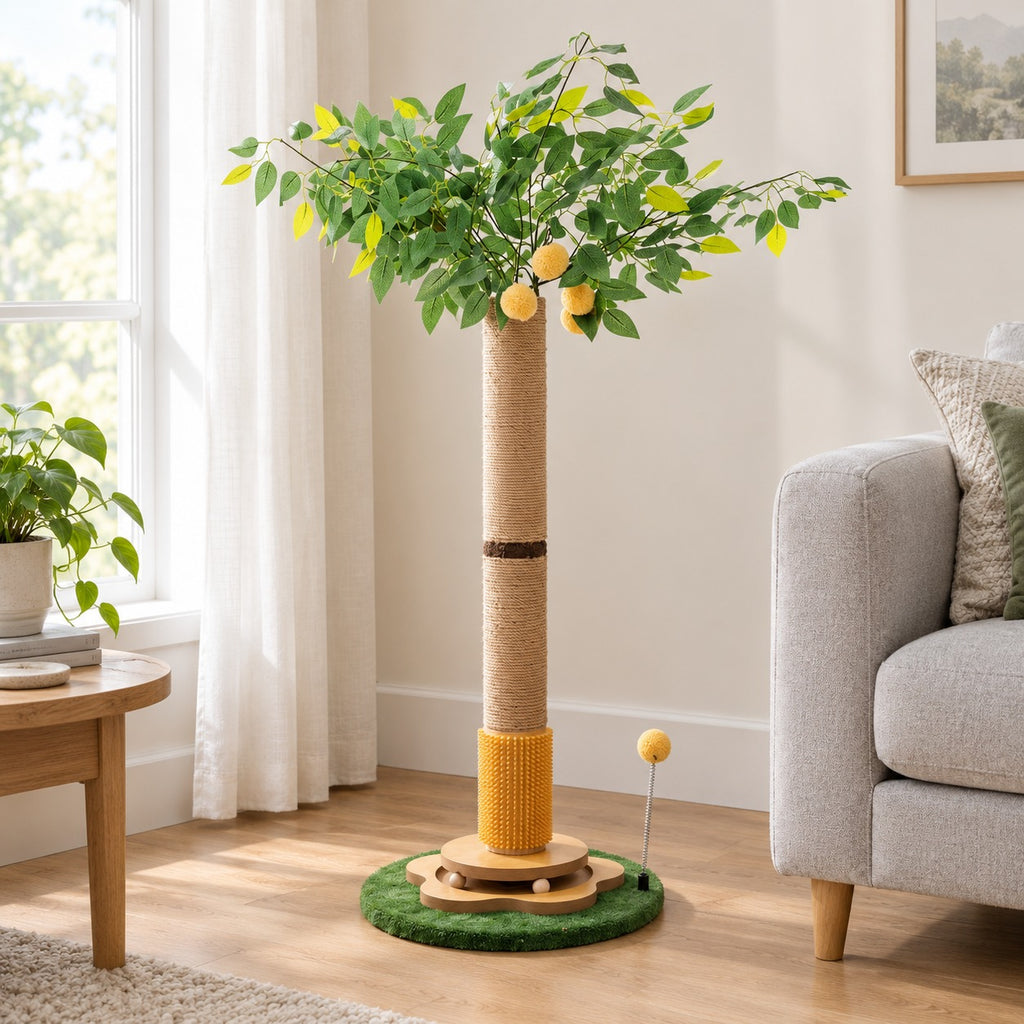 41 in cat scratching post with leaf canopy in a living room corner