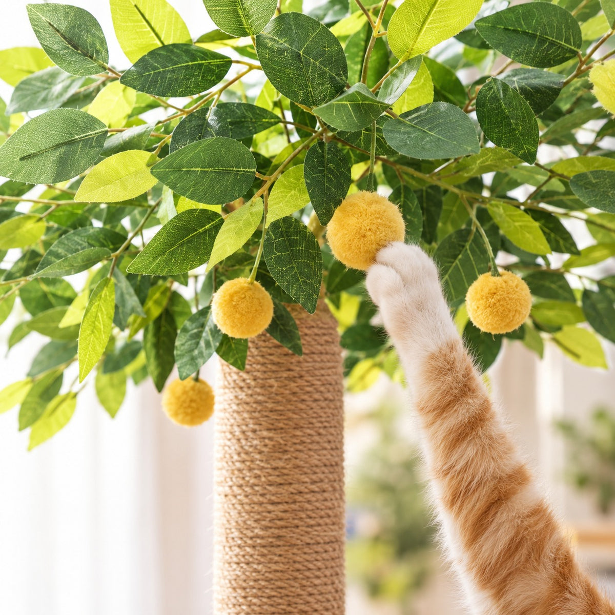 Cat paw batting a pom-pom in the leaf canopy of the scratching post