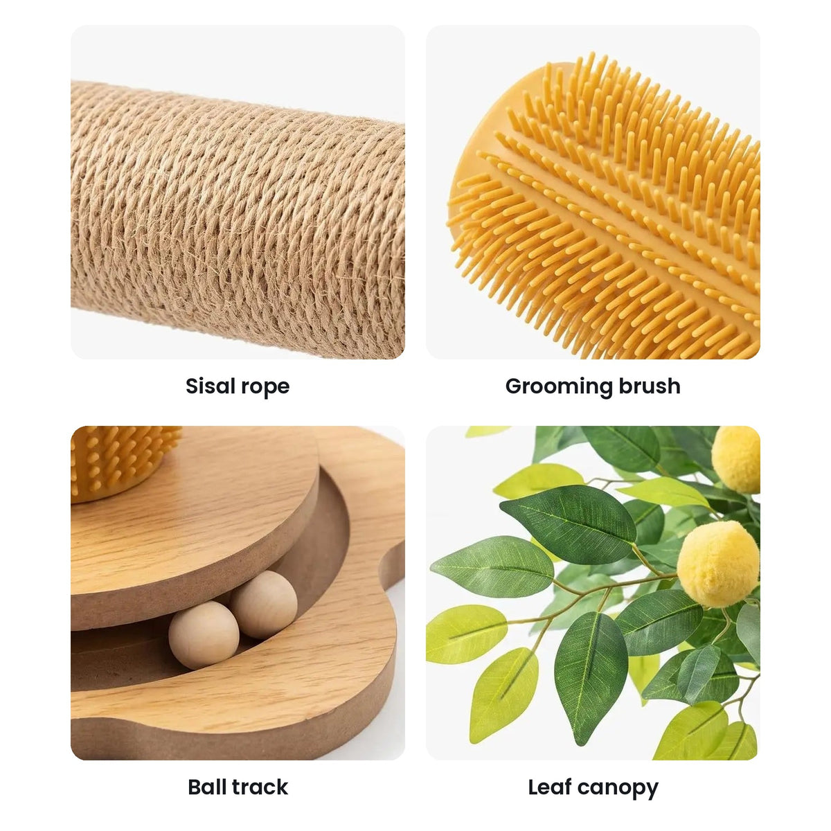Cat scratching post details: sisal rope, grooming brush, wooden ball track, leaf canopy