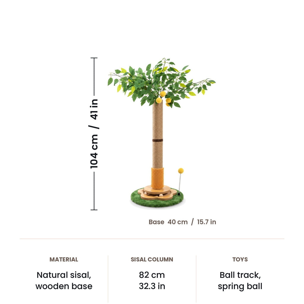 Cat scratching post dimensions: 104 cm (41 in) tall, 40 cm (15.7 in) base