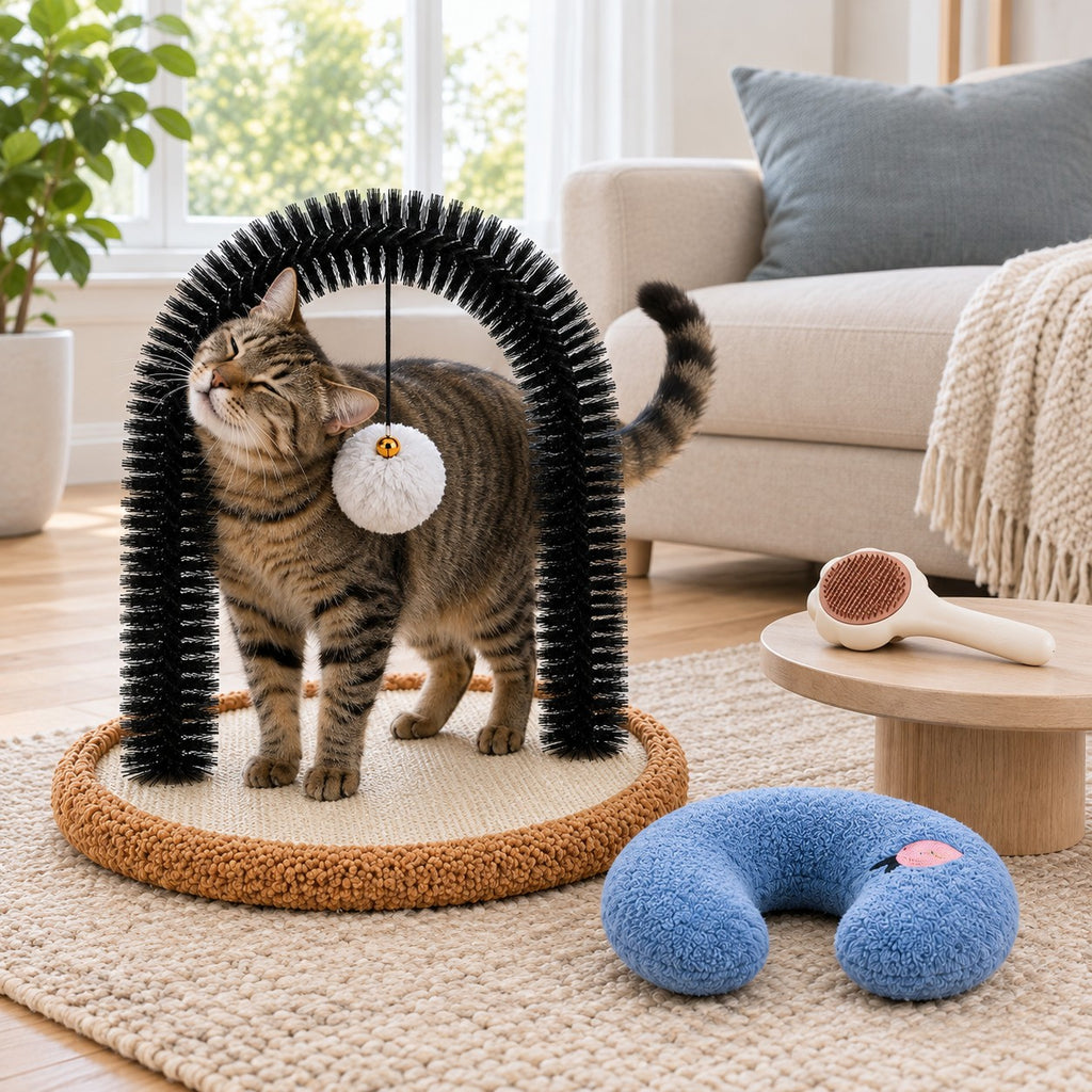 Cat rubbing its cheek on the self groomer arch with sisal scratching base