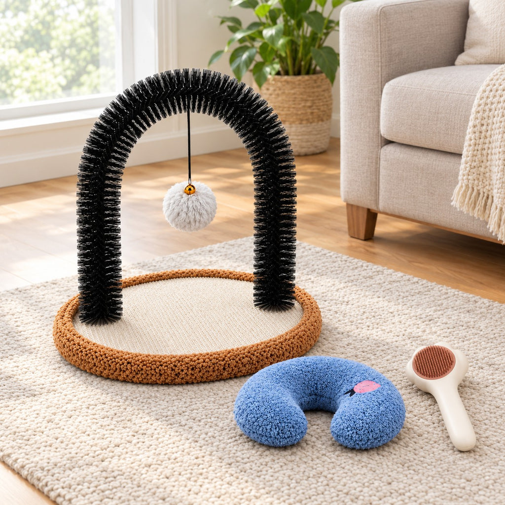 Cat self groomer arch with sisal base, paw brush and blue U pillow in a living room