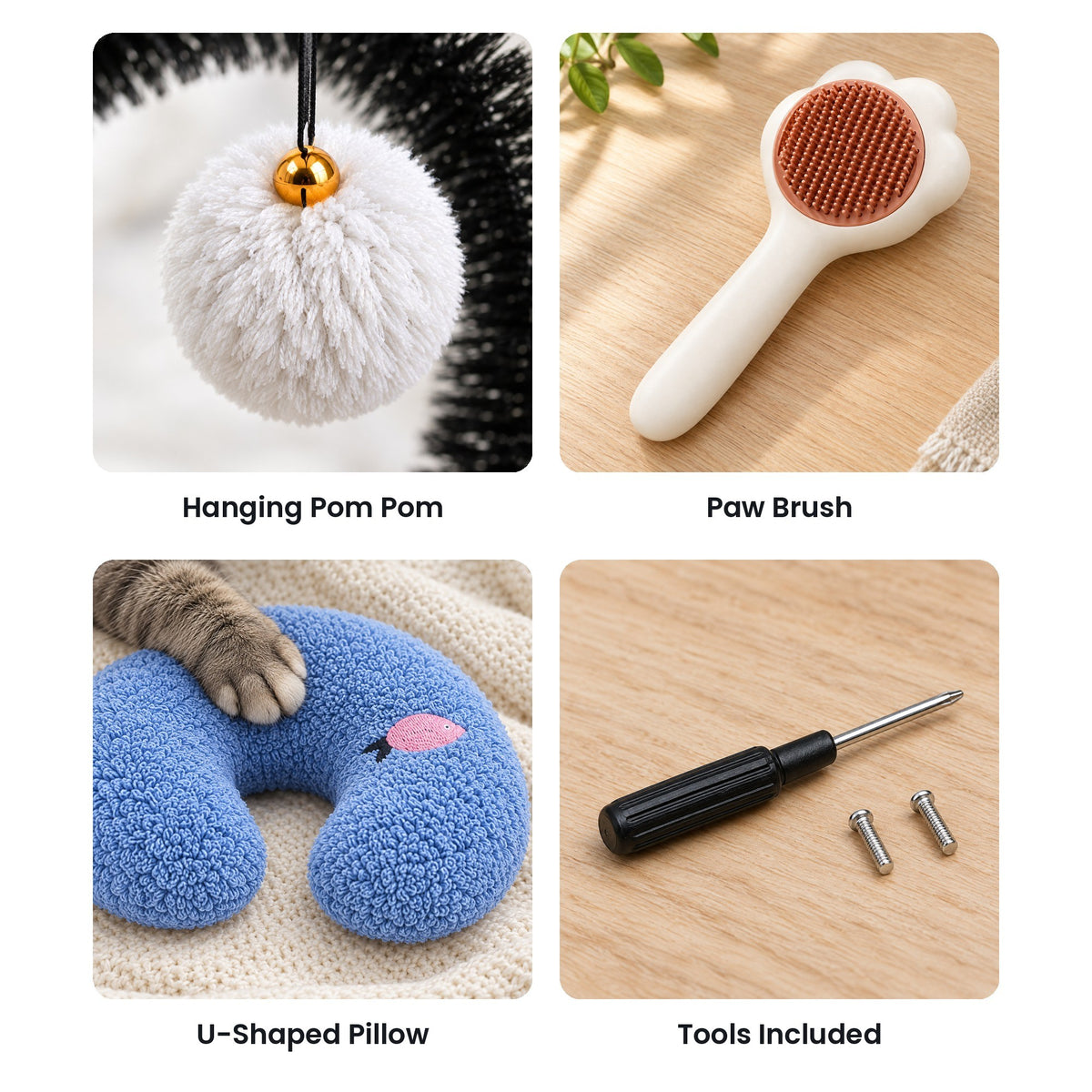 Cat self groomer set details: hanging pom pom, paw brush, U-shaped pillow, screwdriver and screws