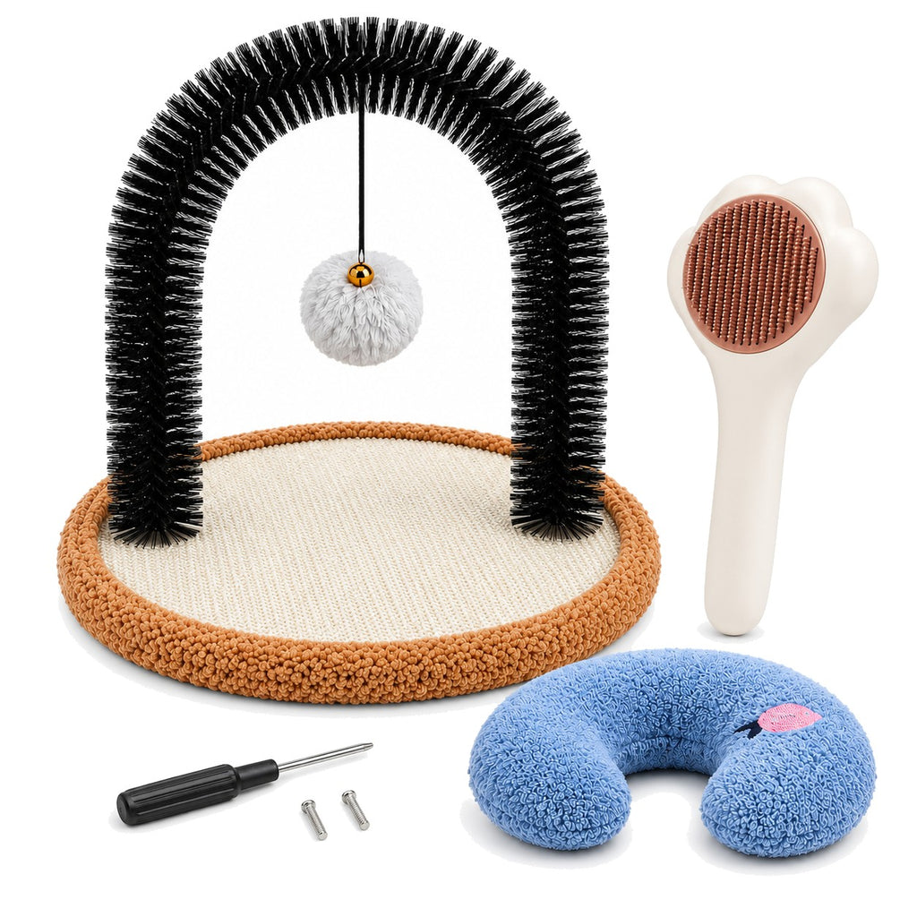 Cat self groomer arch, paw grooming brush, U pillow, screwdriver and screws on white background