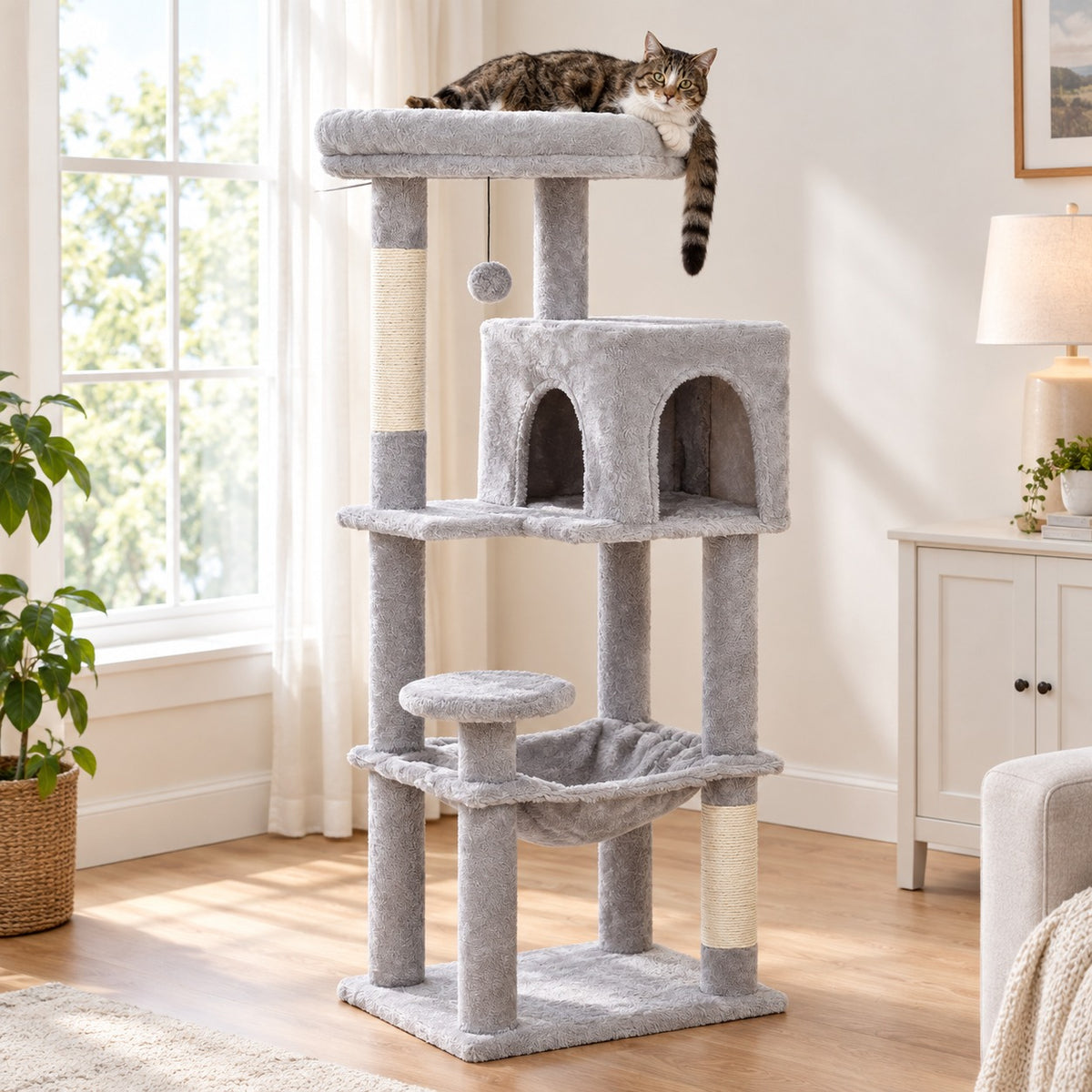 44.5 in cat tree with condo and hammock in Light Grey