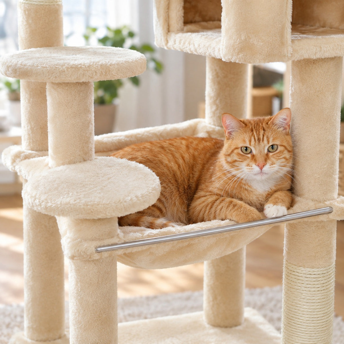 Cat resting in the hammock with steel bar of the 5-level cat tree