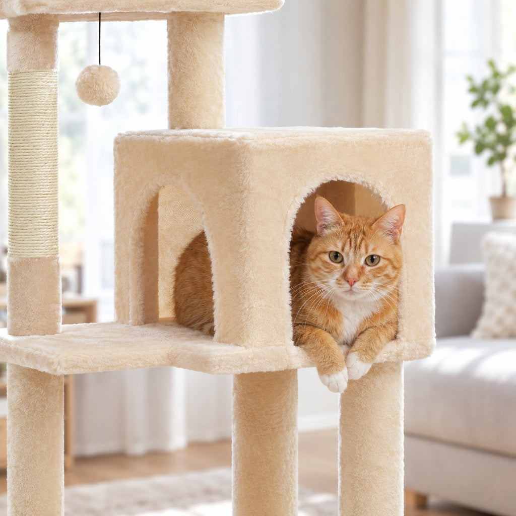 Cat looking out of the two-door condo of the 5-level cat tree