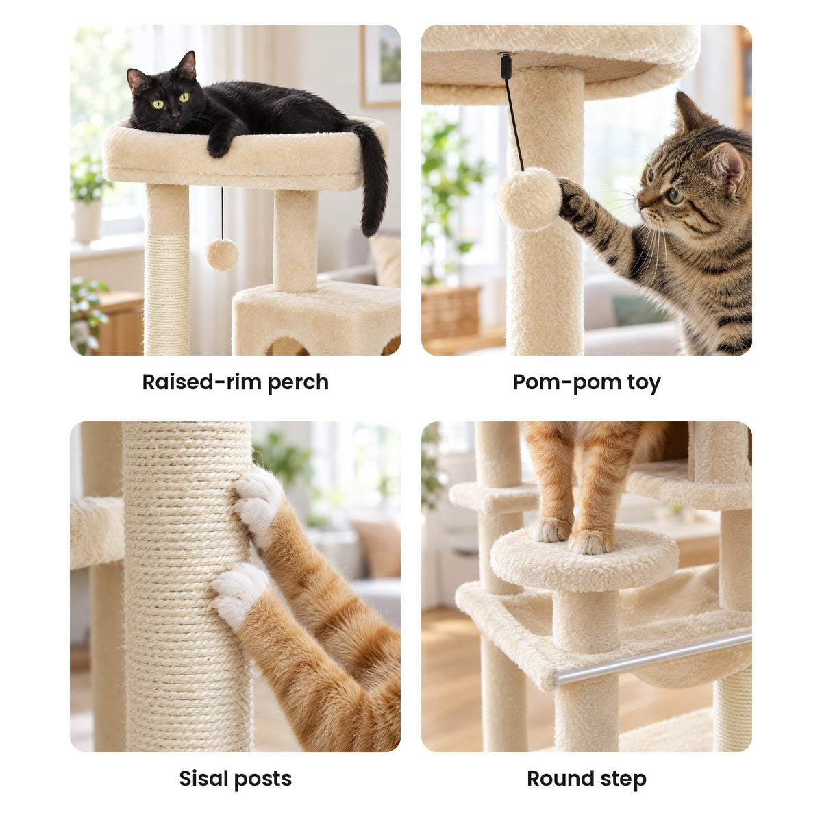 5-level cat tree details: raised-rim top perch, pom-pom toy, sisal posts, round step