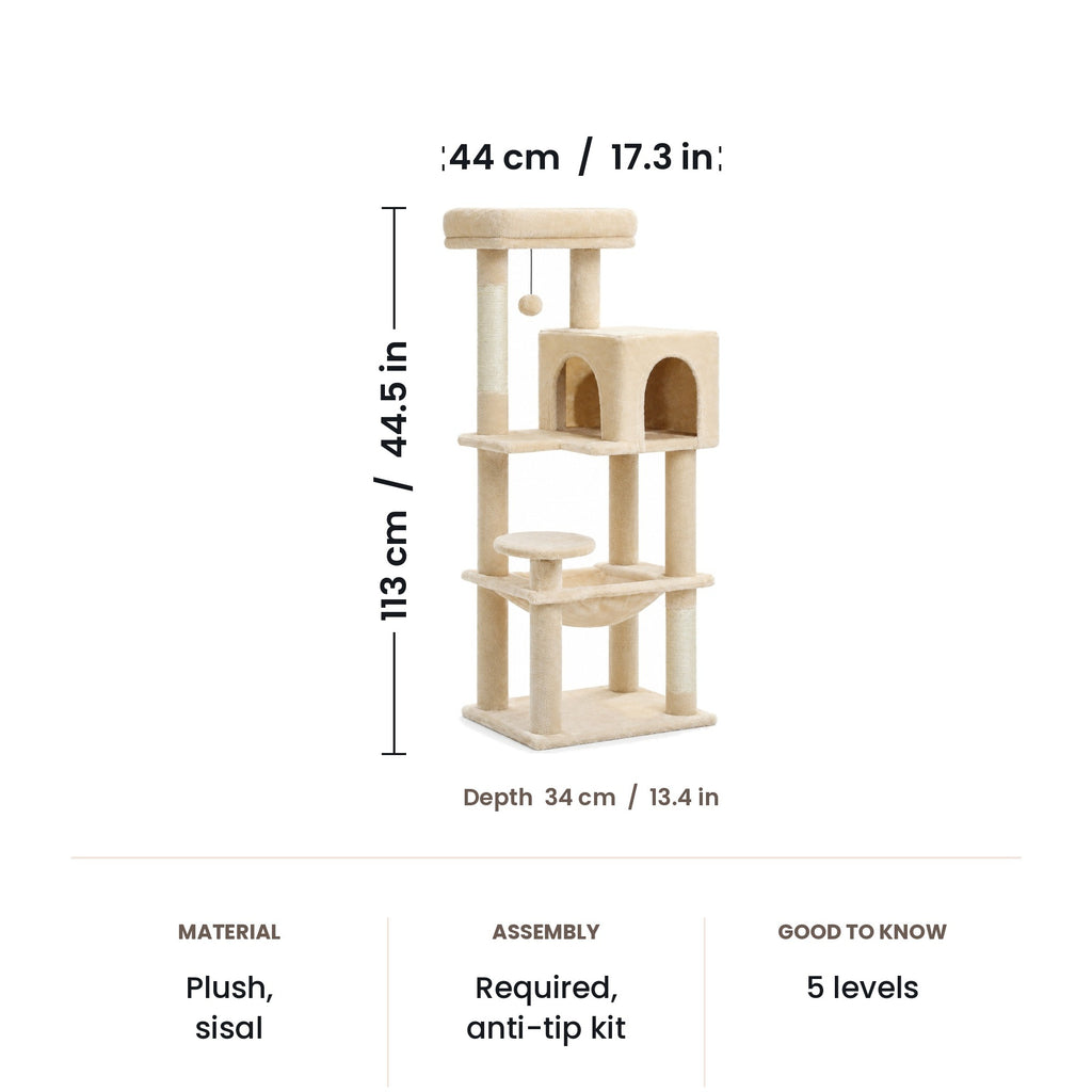 5-level cat tree dimensions: 44 x 34 x 113 cm (17.3 x 13.4 x 44.5 in)