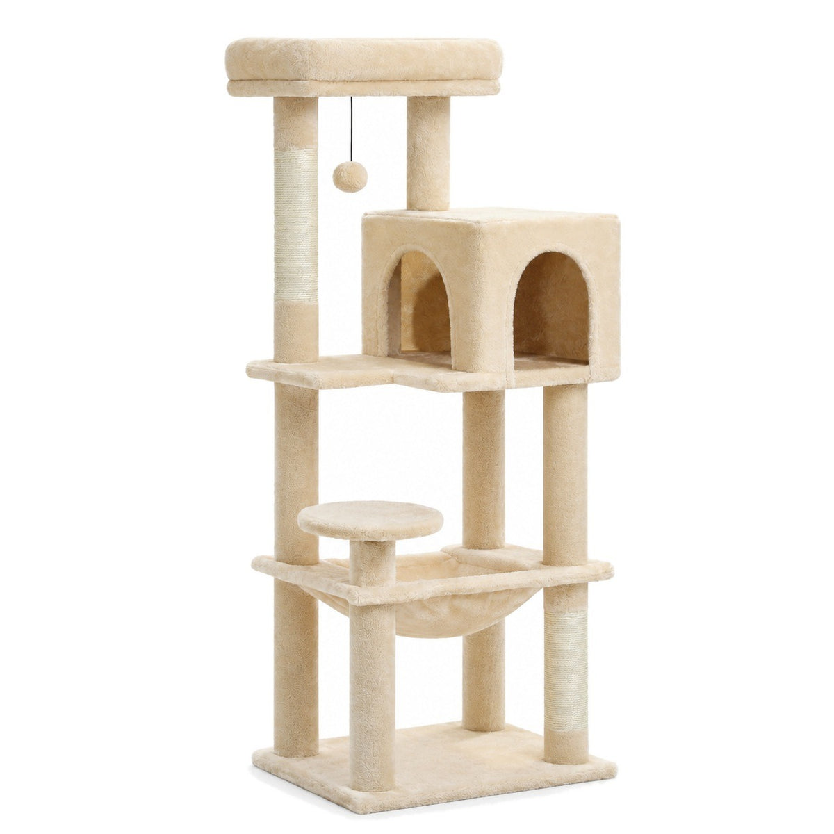 Beige 5-level cat tree with condo and hammock on a white background