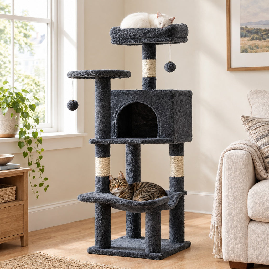 Cats lounging in the hammock and on the top perch of a 44 in dark gray cat tree