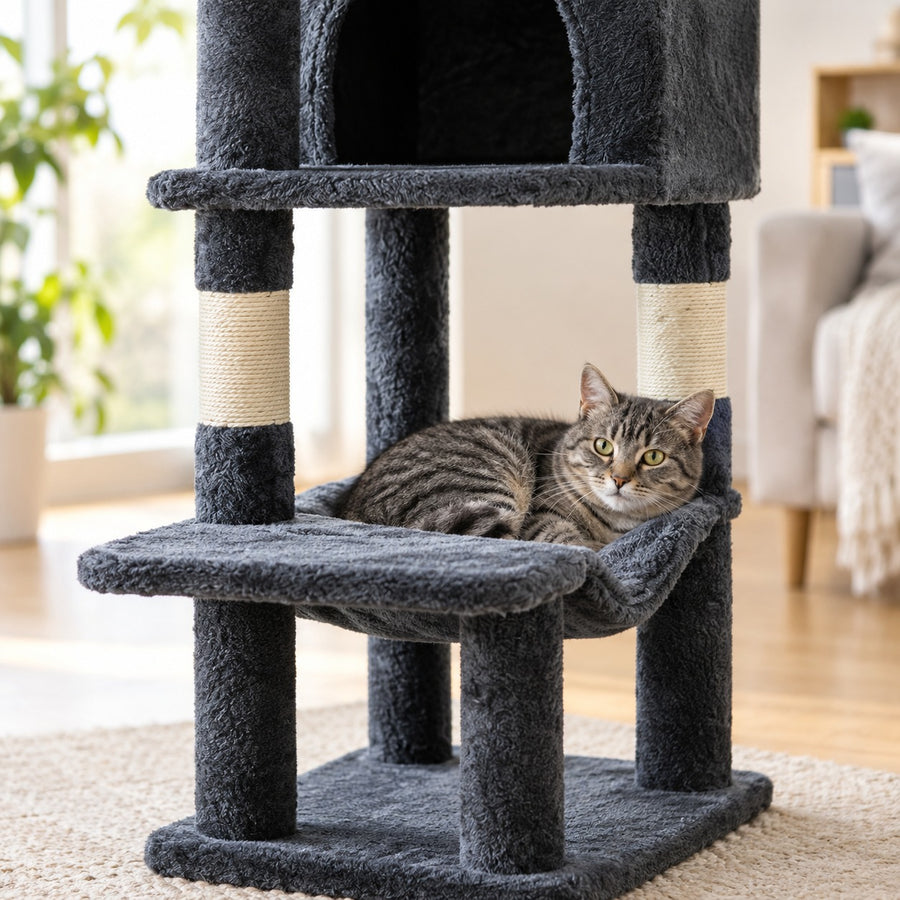 Cat lying in the plush hammock of the dark gray cat tree