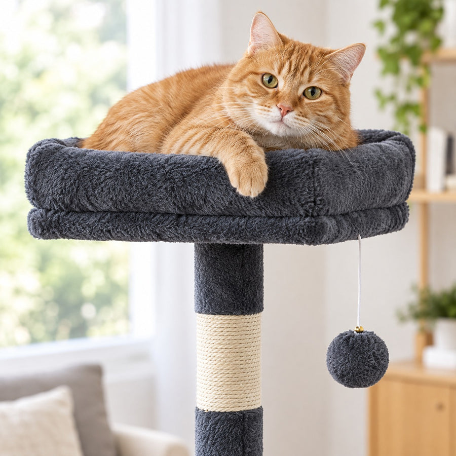 Cat resting on the top perch next to a dangling pom-pom ball