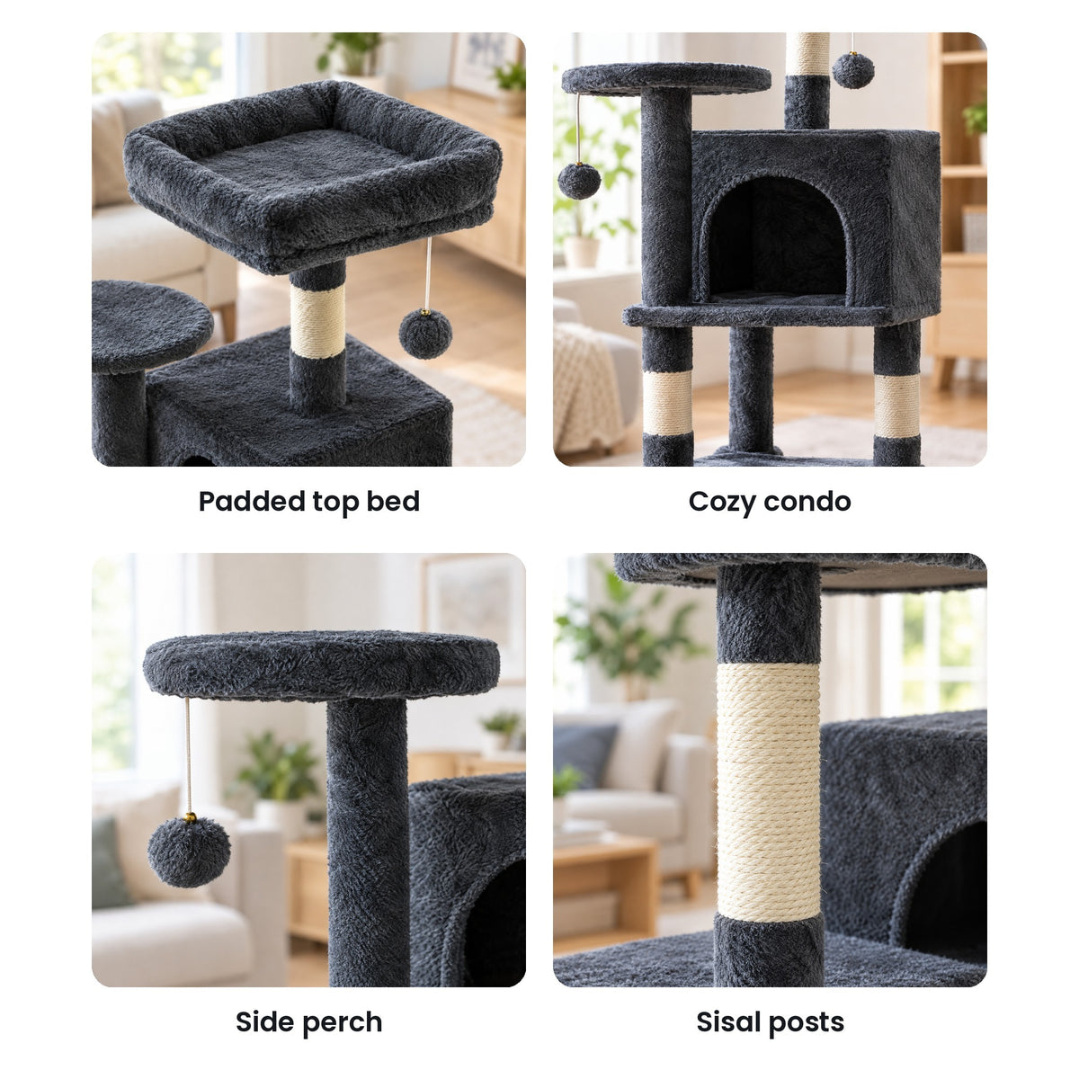 Cat tree details: top bed, condo, round side perch, sisal-wrapped posts