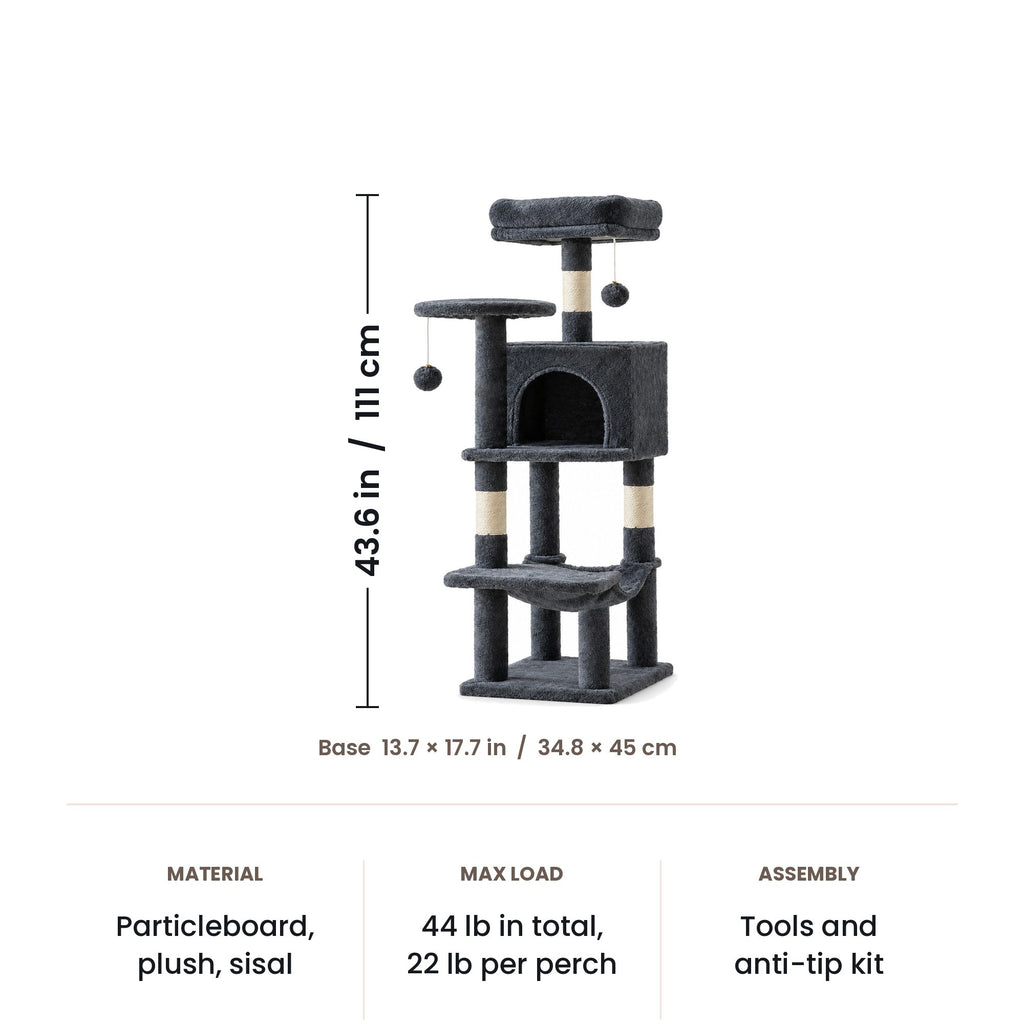 Cat tree dimensions: 43.6 in (111 cm) tall, base 13.7 x 17.7 in (34.8 x 45 cm)