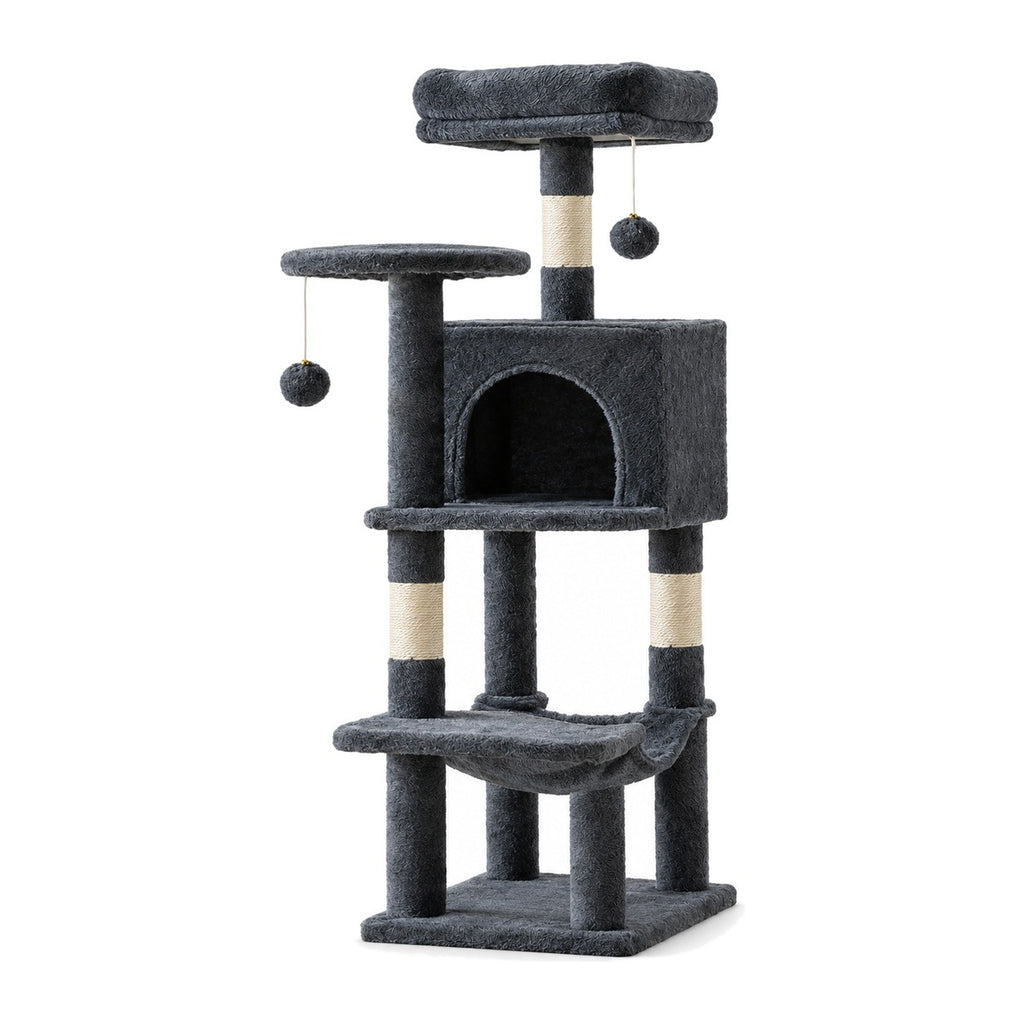 Dark gray cat tree with condo and hammock on a white background