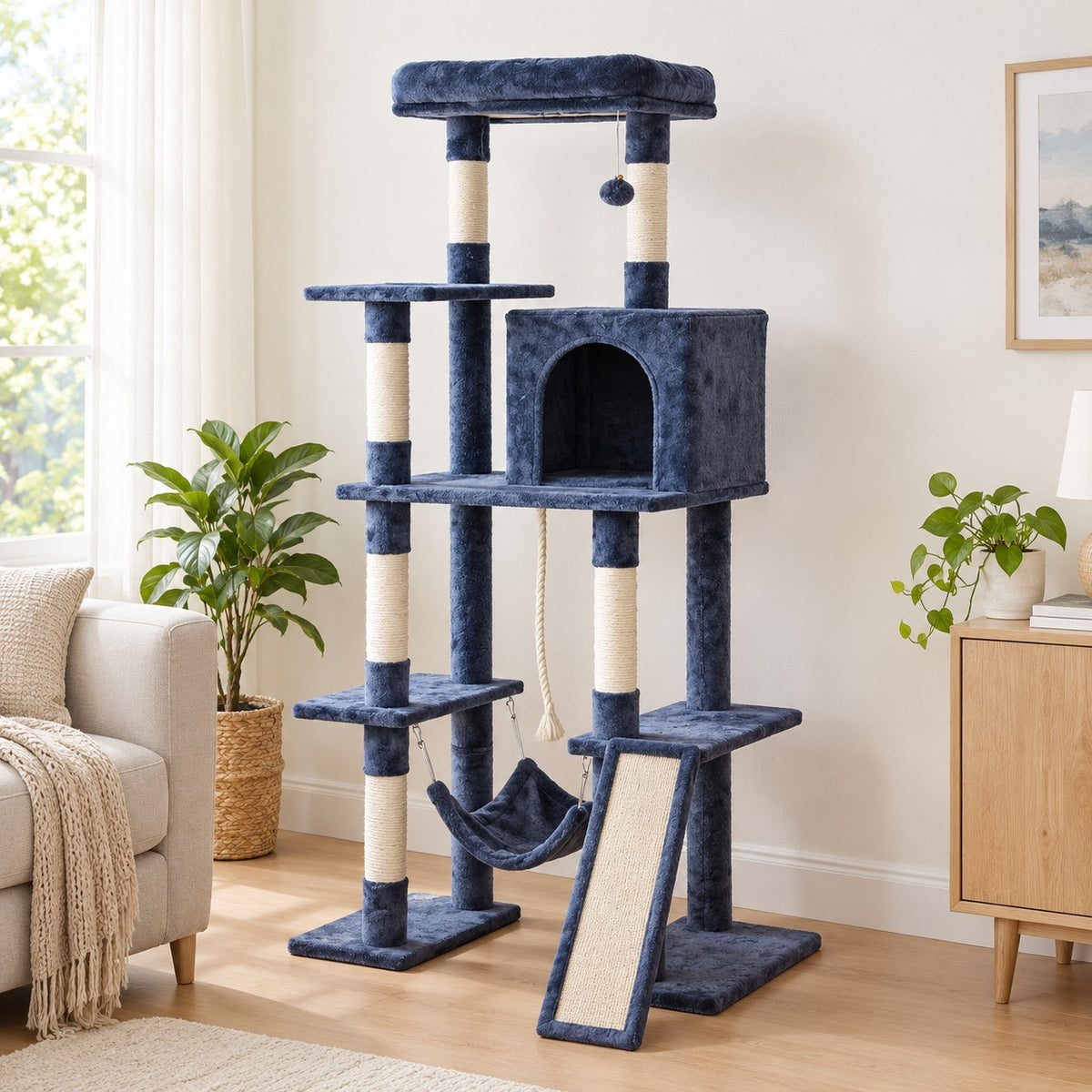 Blue-grey 63 in cat tree with condo, hammock and scratching ramp in a living room