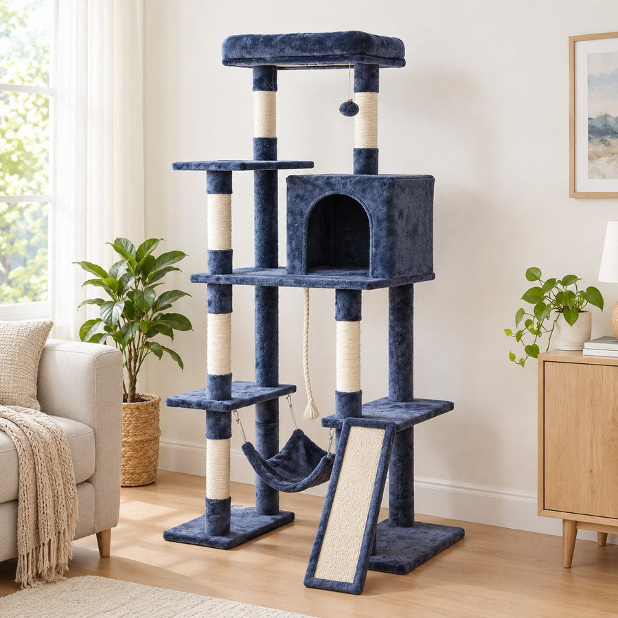Blue-grey 63 in cat tree with condo, hammock and scratching ramp in a living room