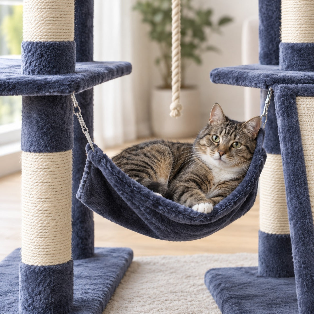 Cat resting in the hammock of the cat tree