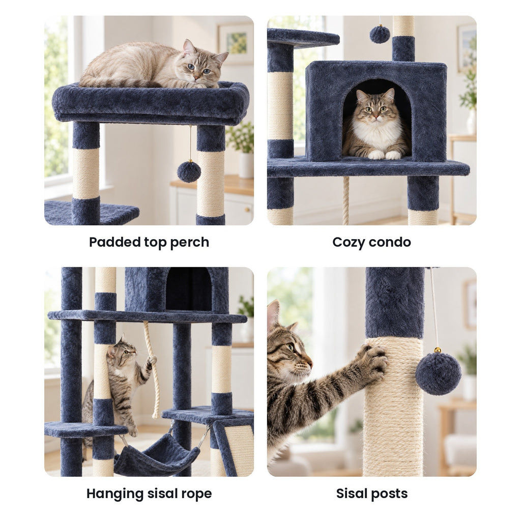 Cat tree details: padded top perch, condo, hanging rope, sisal posts