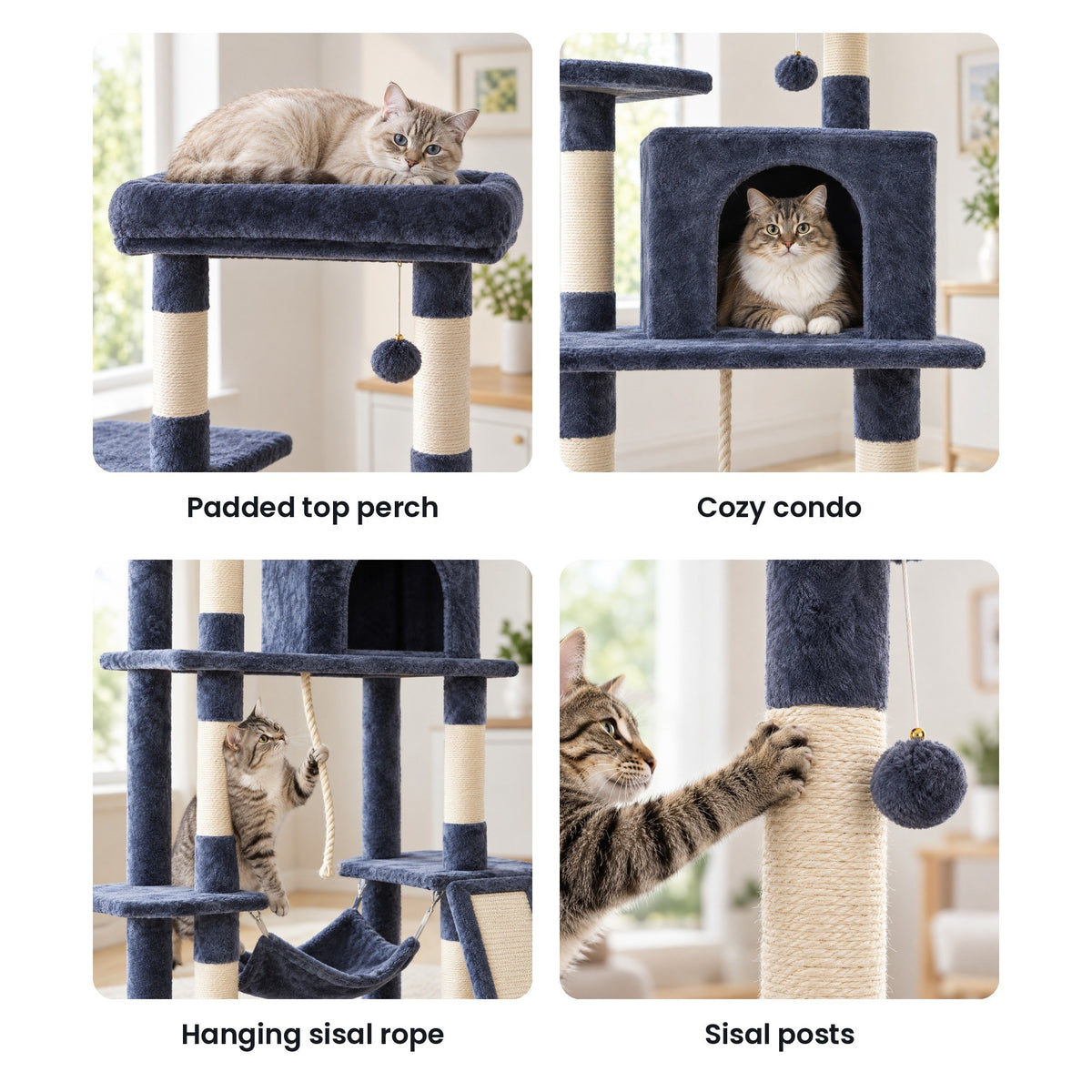 Cat tree details: padded top perch, condo, hanging rope, sisal posts