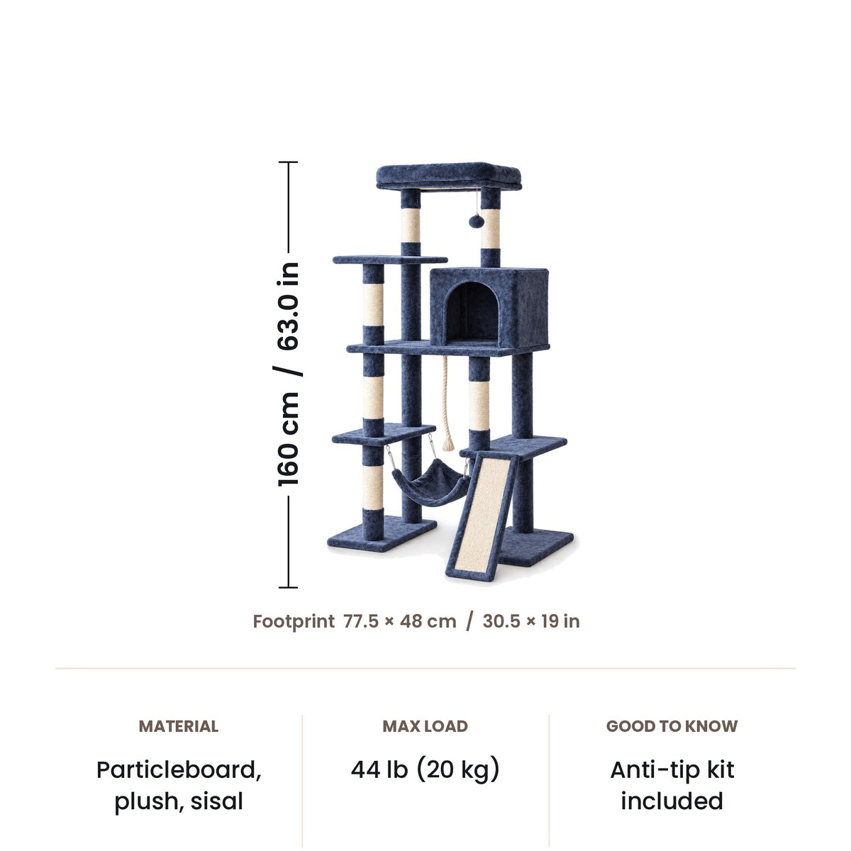 Cat tree dimensions: 160 cm (63 in) tall, footprint 77.5 x 48 cm (30.5 x 19 in)