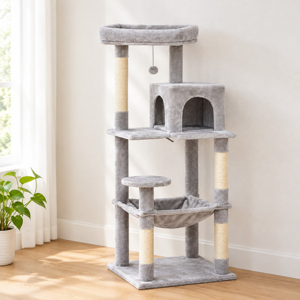 Cat tree in Light Grey with hammock, two-door condo and top perch
