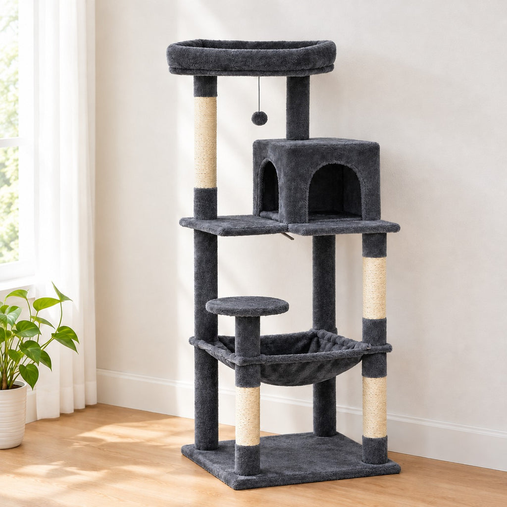 Cat tree in Dark Grey with hammock, two-door condo and top perch