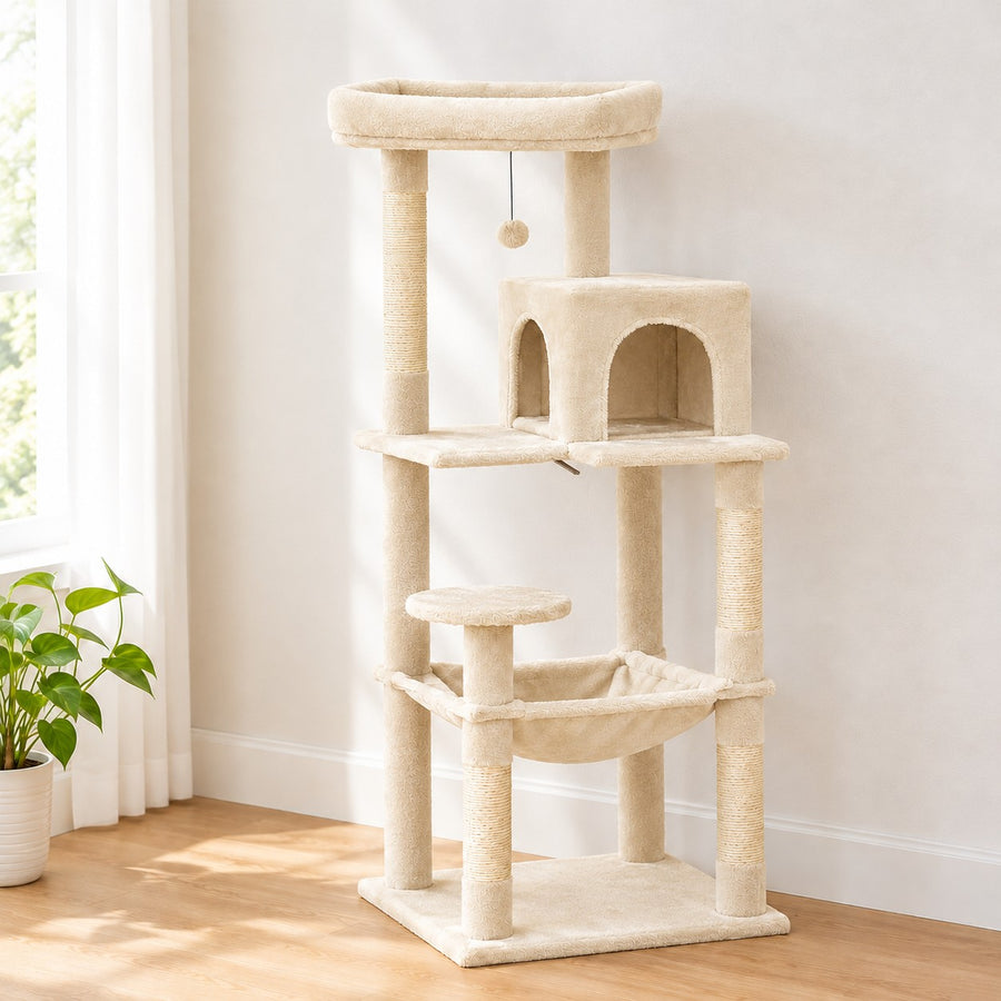 Cat tree in Beige with hammock, two-door condo and top perch