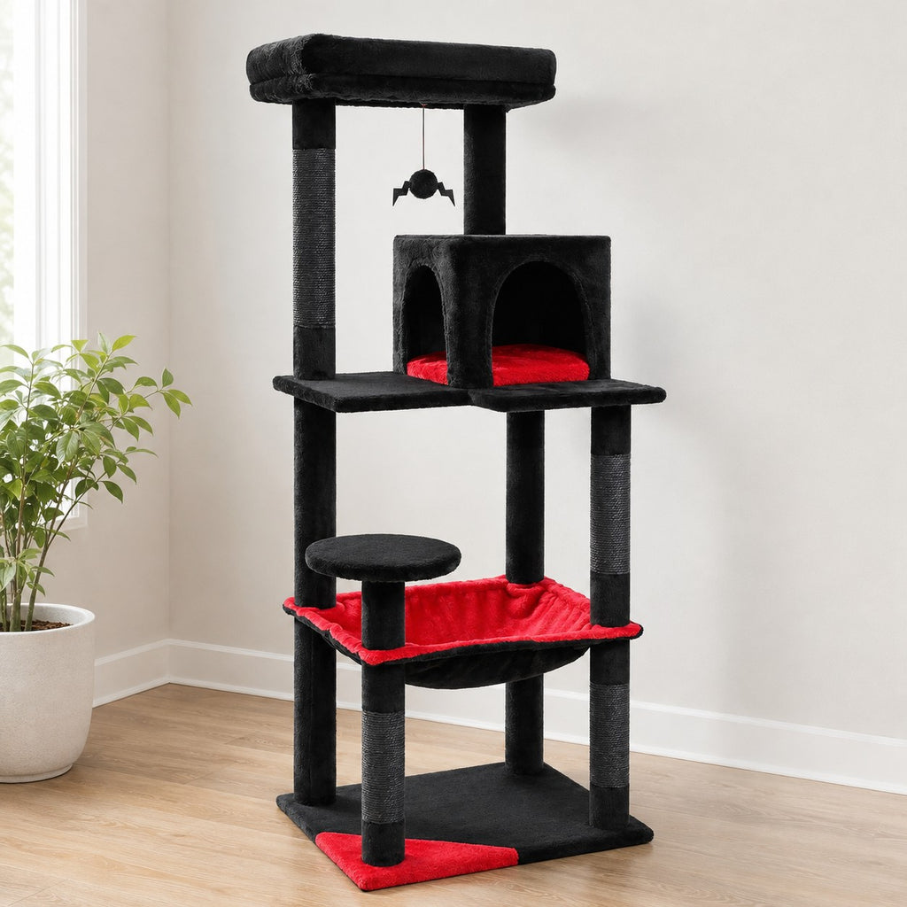 Cat tree in Black and Red with red hammock and spider toy