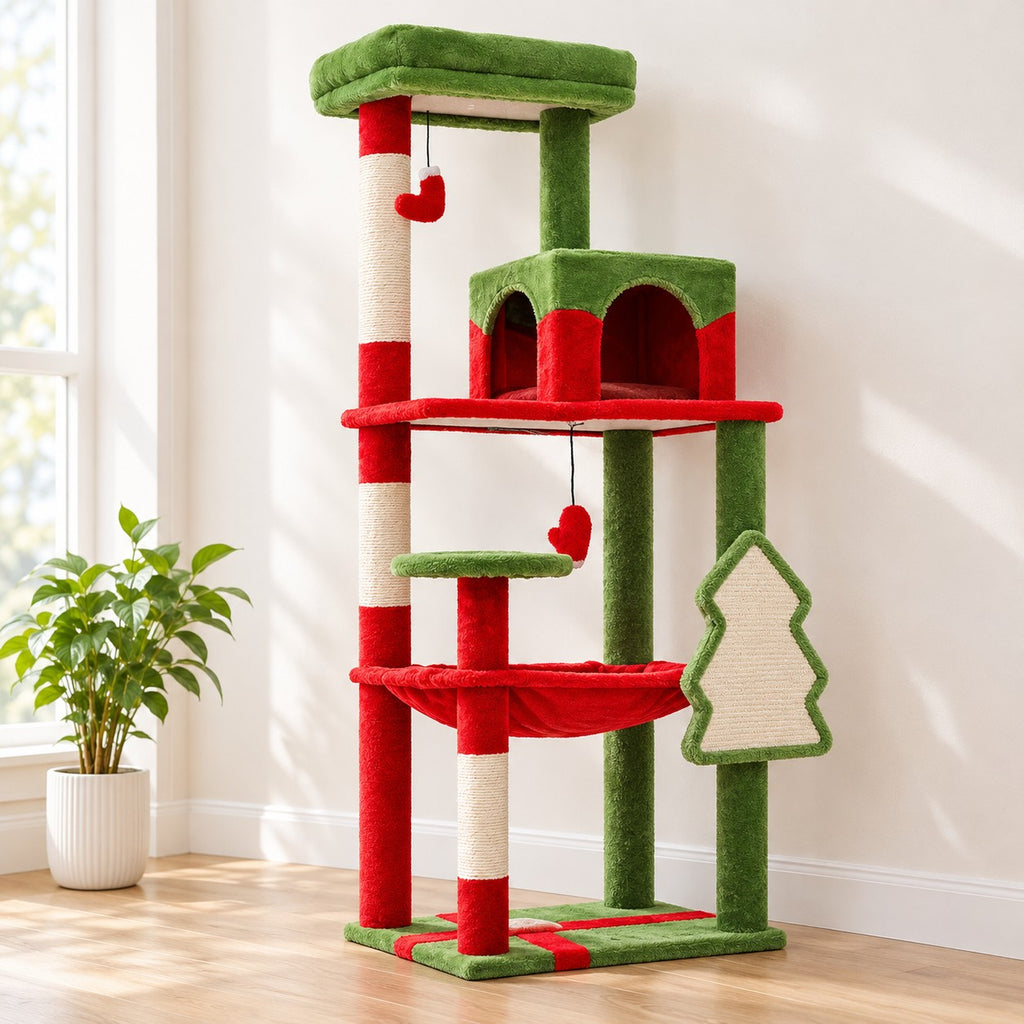 Cat tree in Red and Green with tree-shaped scratching pad and stocking toys