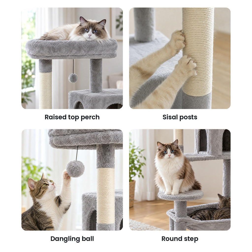 Cat tree details: raised top perch, sisal posts, dangling ball, round step