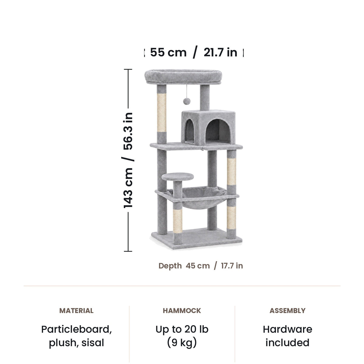 Cat tree dimensions: 55 x 45 x 143 cm (21.7 x 17.7 x 56.3 in)