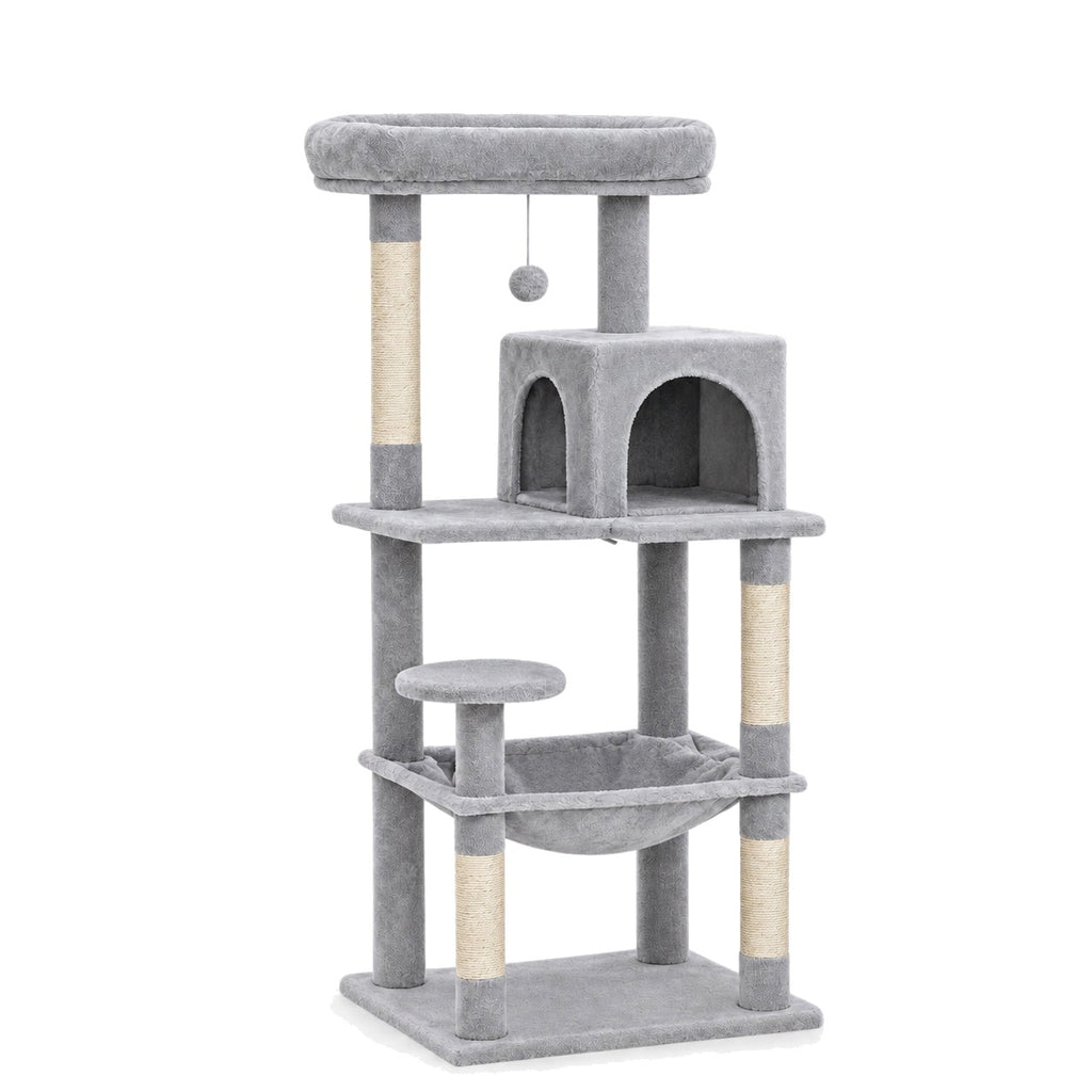 Light grey cat tree with hammock and condo on a white background