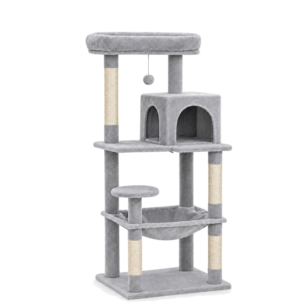 Light grey cat tree with hammock and condo on a white background