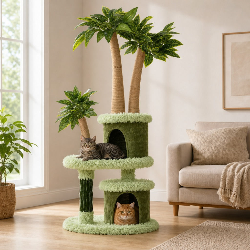 Cat sitting on the middle platform of a leaf canopy cat tree, a second cat in the lower condo