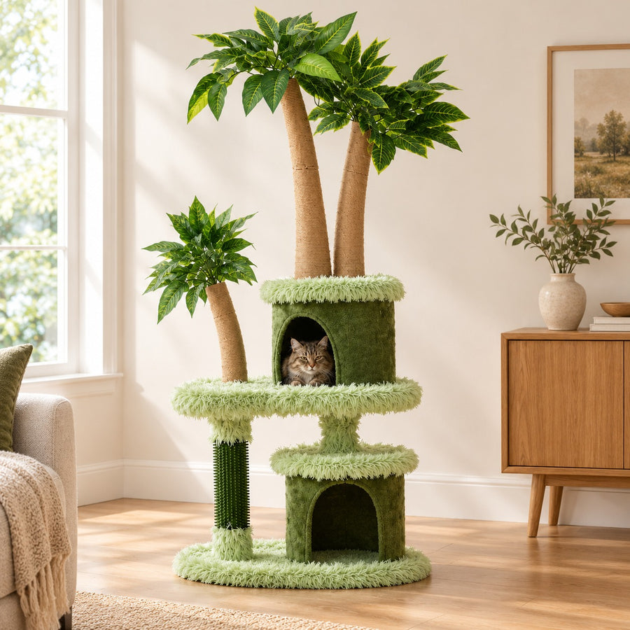 61 in green cat tree with leaf canopy, two condos and sisal trunks