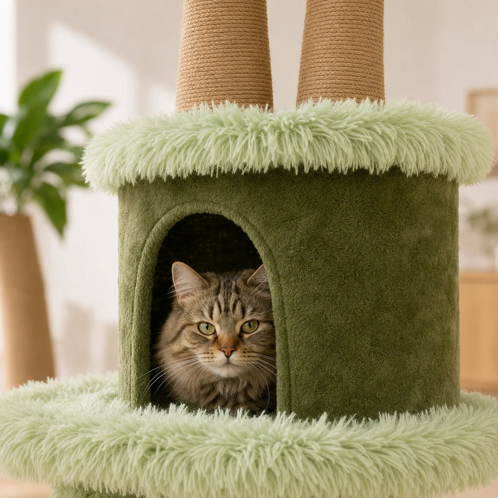 Cat peeking out of the upper green plush condo under the sisal trunks