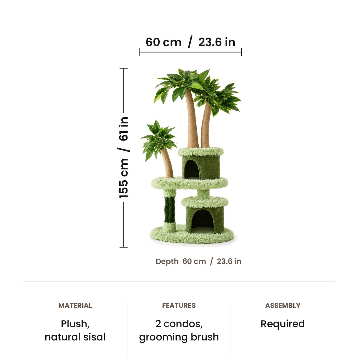 Leaf canopy cat tree dimensions: 60 x 60 x 155 cm (23.6 x 23.6 x 61 in)