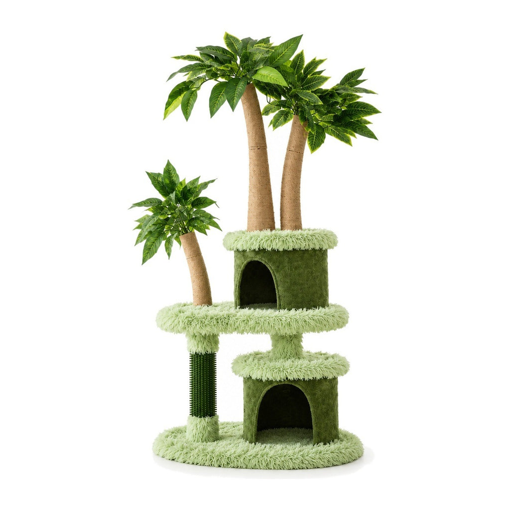 Green cat tree with leaf canopy and two condos on a white background