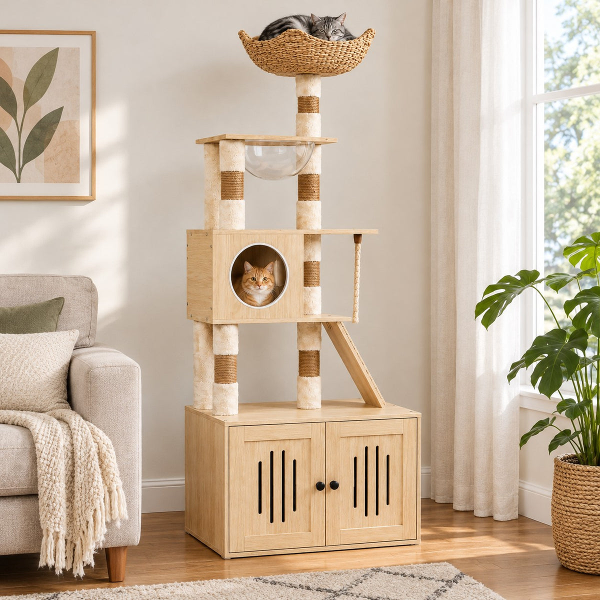 Cat curled up in the woven top bowl of a cat tree with litter box cabinet, another cat in the round condo