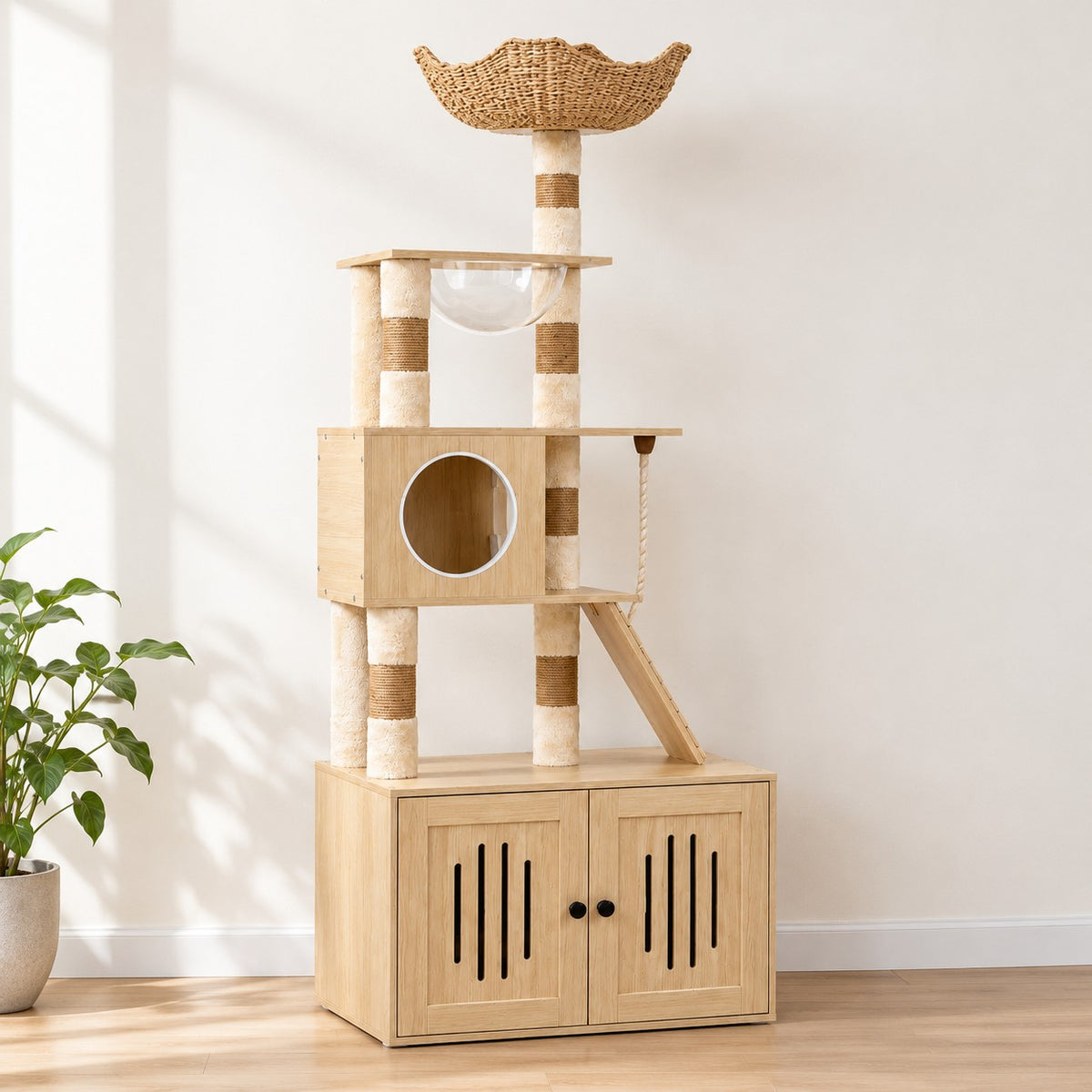 Cat tree with litter box cabinet, woven top bowl and clear capsule in natural wood