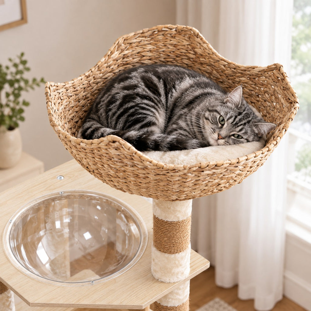 Cat curled up in the woven rattan-style top bowl