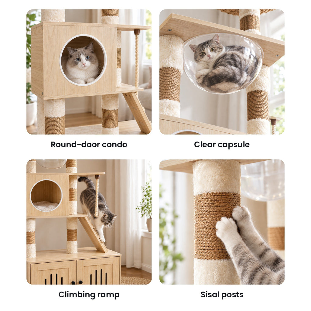 Cat tree with litter box cabinet details: round condo, clear capsule, ramp, sisal posts