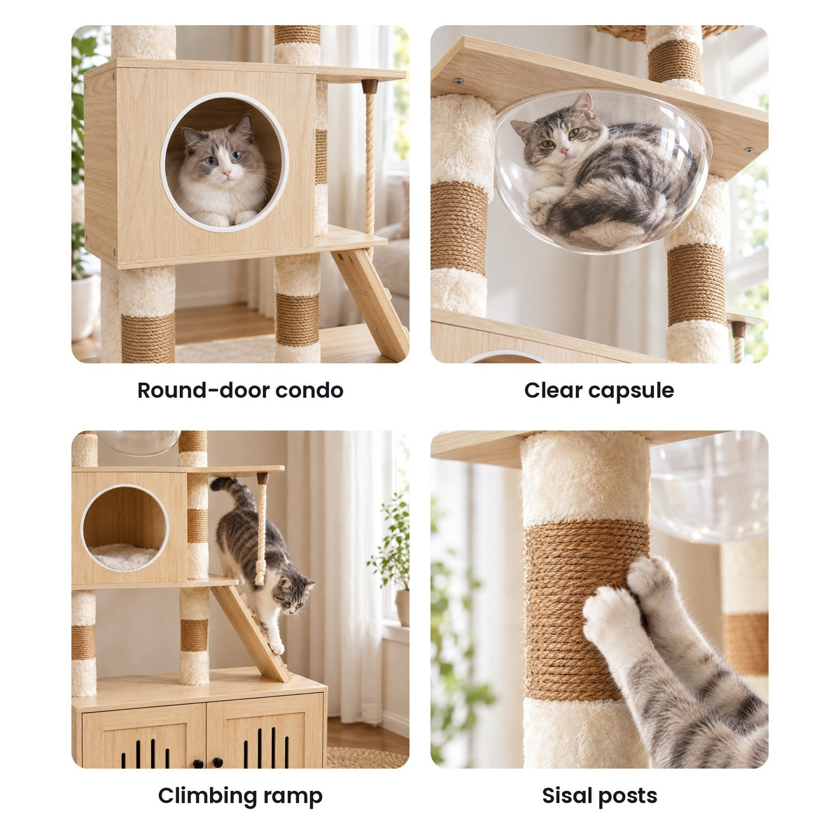 Cat tree with litter box cabinet details: round condo, clear capsule, ramp, sisal posts