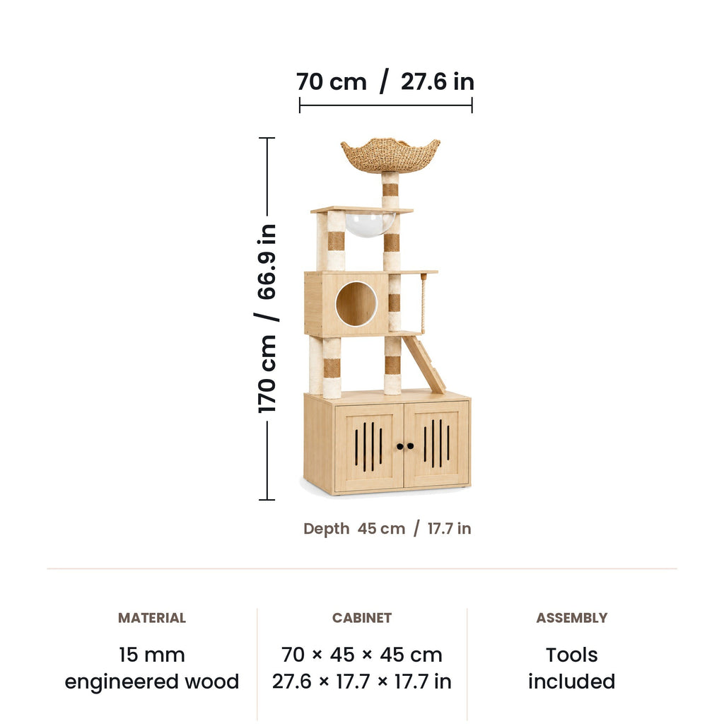 Cat tree with litter box cabinet dimensions: 70 x 45 x 170 cm (27.6 x 17.7 x 66.9 in)