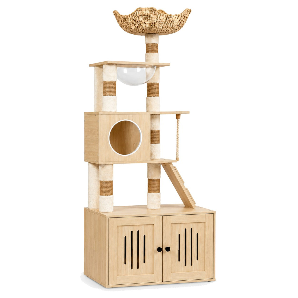 Cat tree with litter box cabinet and woven top bowl on a white background