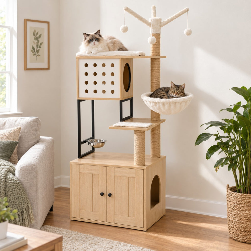 Cat lying on the condo of a natural wood cat tree with litter box cabinet, another cat in the bowl hammock